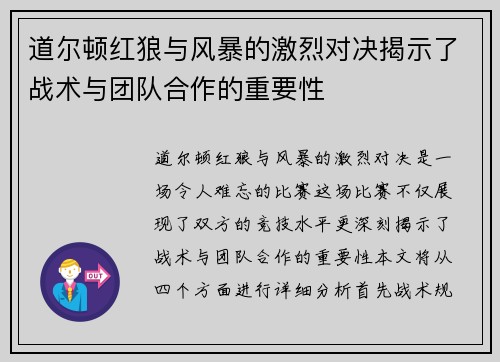 道尔顿红狼与风暴的激烈对决揭示了战术与团队合作的重要性